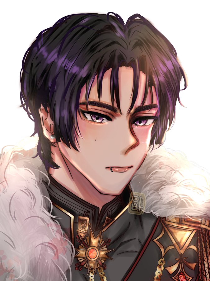 Ilustrasi digital pria berambut ungu dengan pakaian seragam dan aksen emas