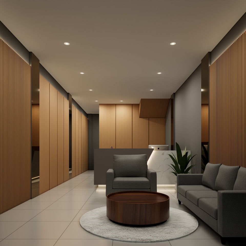 Desain interior ruang tamu minimalis dengan sofa dan meja kayu