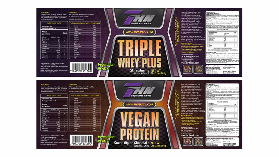 Desain label kemasan protein triple whey plus dan vegan protein - jasa desain label produk makanan, desain label makanan, desain stiker makanan, desain stiker snack, desain label produk