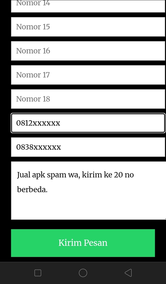Jasa pembuatan aplikasi android untuk jual aplikasi spam wa, kirim ke 20 no berbeda.