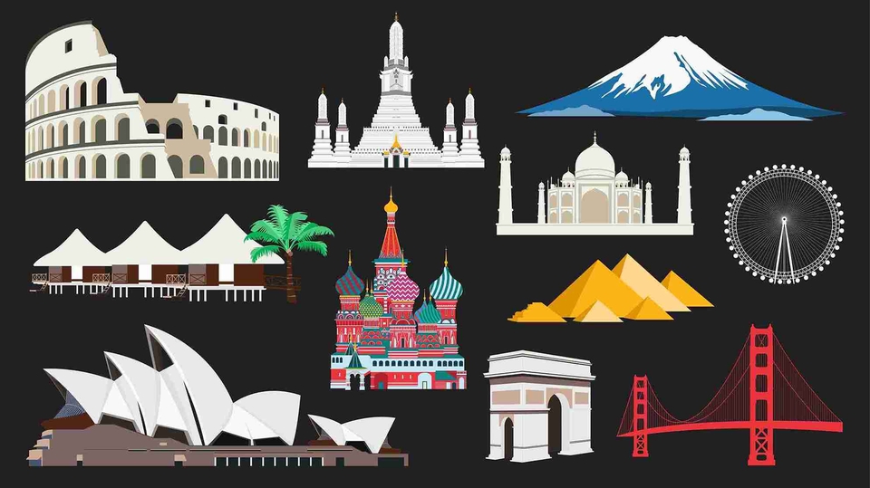 วาดภาพเวกเตอร์สถานที่ท่องเที่ยวโลก