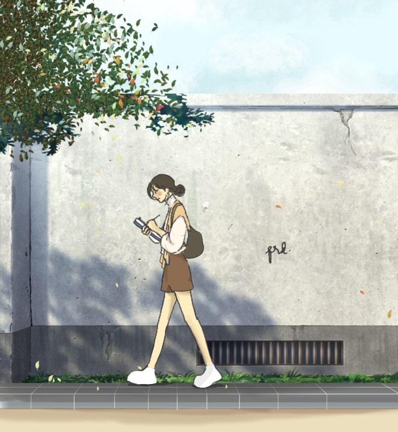 Ilustrasi wanita muda sedang berjalan sambil membawa buku dan memakai baju kuning.