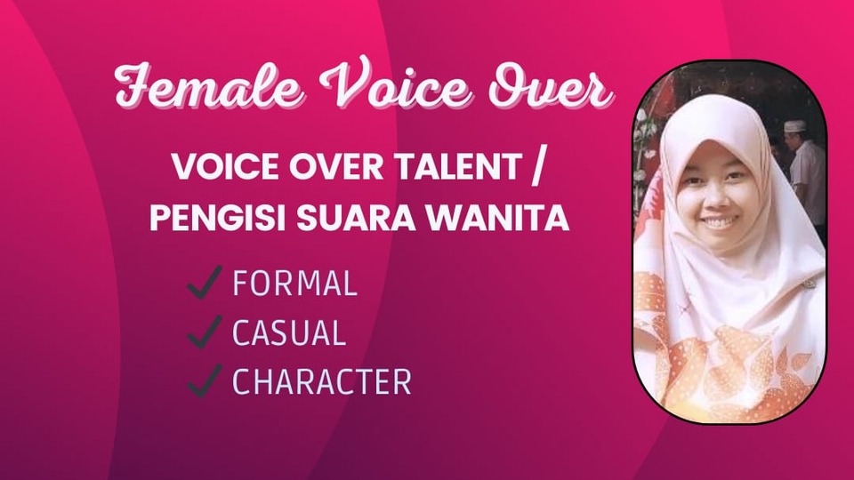 Jasa pengisi suara perempuan untuk iklan, video, dan dubbing dengan suara formal, casual, dan karakter.