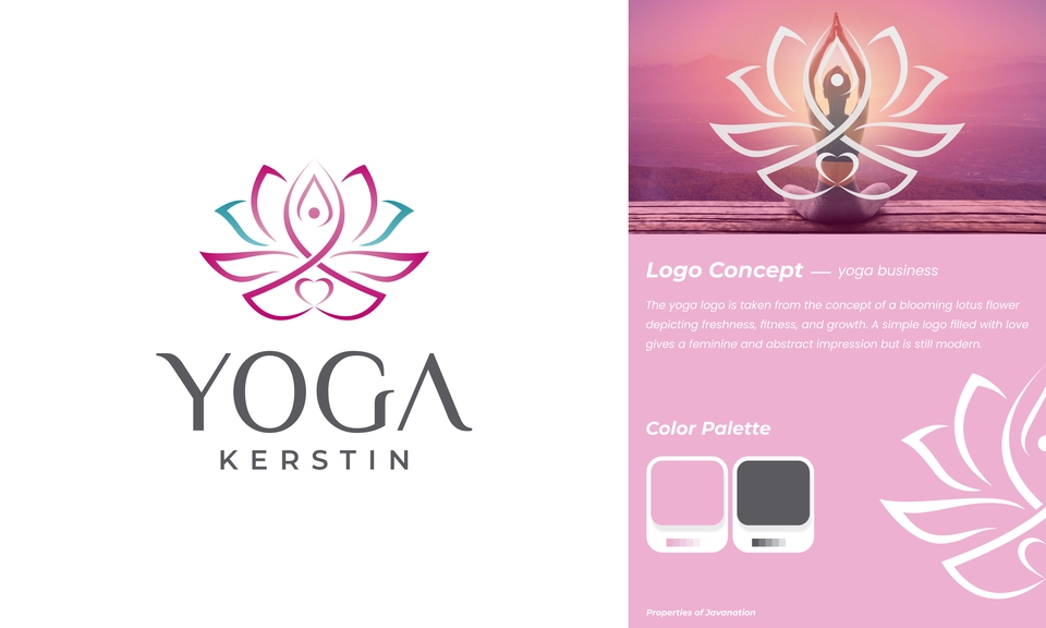 Logo desain modern untuk yoga studio, menampilkan ilustrasi teratai dan sosok yang sedang bermeditasi.