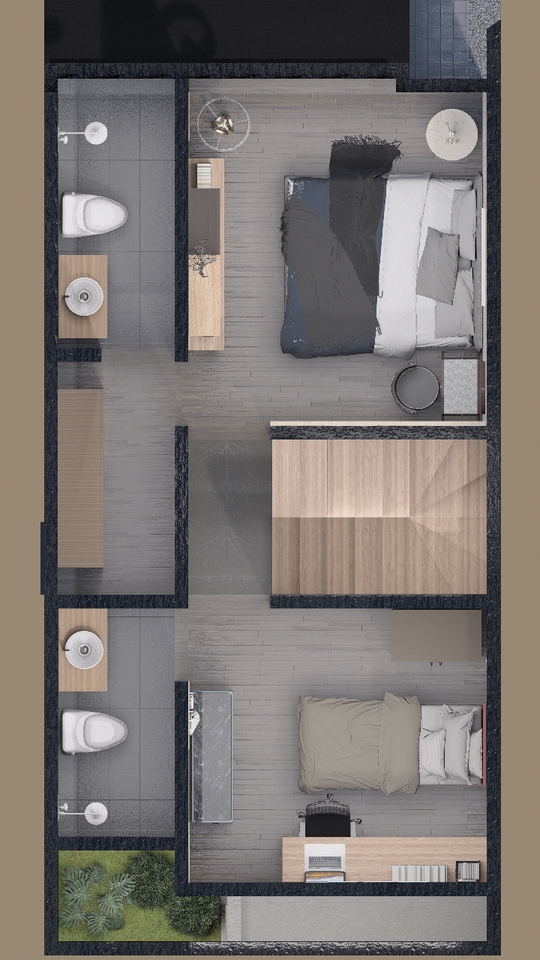 Desain interior apartemen 2 kamar tidur dengan desain minimalis modern dan balkon yang luas. Layanan desain interior apartemen dengan jasa arsitek profesional dan berpengalaman.