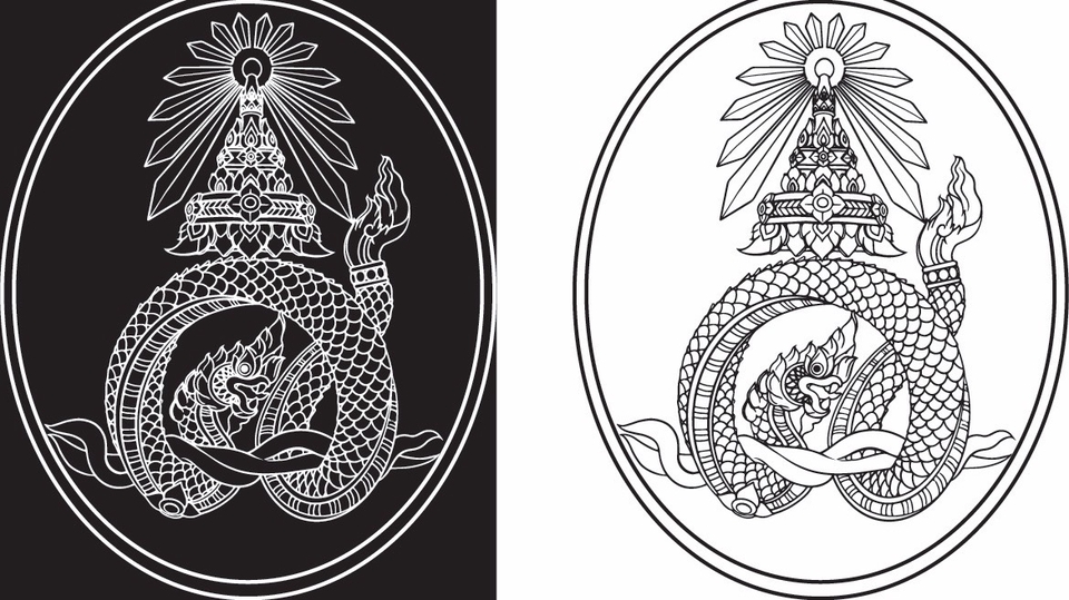 ภาพวาดเวกเตอร์ สัญลักษณ์นก 2 ตัว มีปีกและหาง และตัวงูพันรอบตัวกัน ในวงกลม