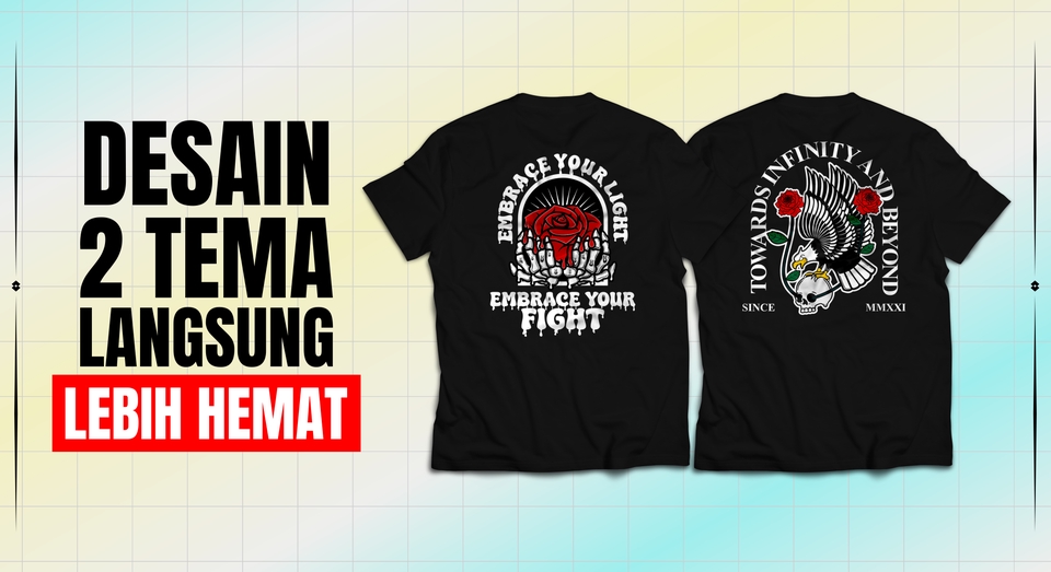 Jasa desain kaos 2 tema langsung dengan harga lebih hemat.
