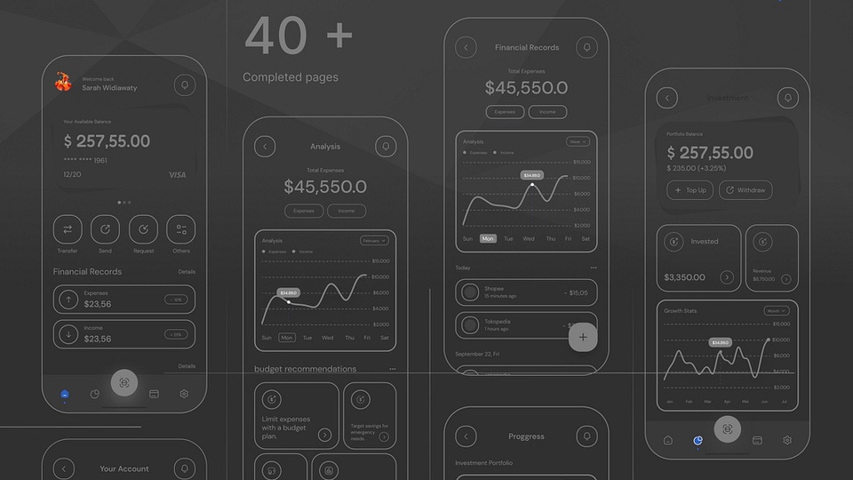Desain UI UX mobile aplikasi dengan tampilan modern untuk analisis keuangan.