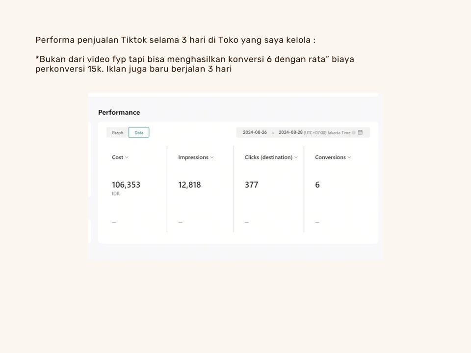 Jasa Iklan Facebook, hasil iklan TikTok selama 3 hari dengan 6 konversi dan biaya 106.353.