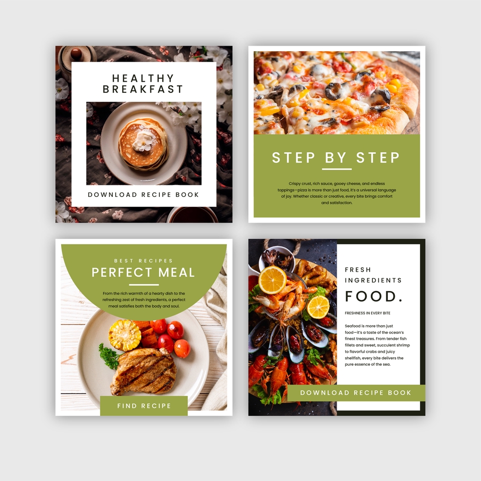 Desain banner instagram promosi makanan sehat dengan gambar pancake, pizza, dan makanan laut