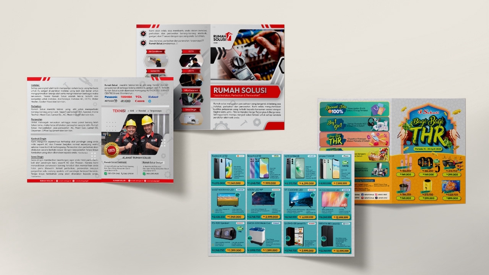 Desain brosur untuk promosi produk dan layanan bisnis.  Jasa desain brosur profesional,  harga terjangkau.  Desain brosur online.