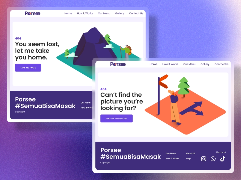 Desain UI UX Mobile App dengan tema petualangan 404 Not Found untuk website freelance dengan tagline "Semua Bisa Masak"
