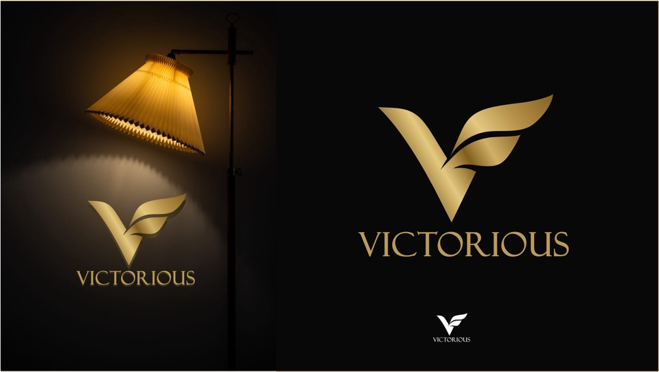 Logo V dengan sayap emas untuk perusahaan yang bernama "Victorious", logo yang menawan, keren, dan professional.