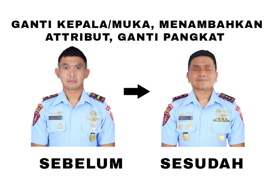 Jasa edit foto online ganti kepala dan tambah atribut pakaian untuk edit foto seragam.