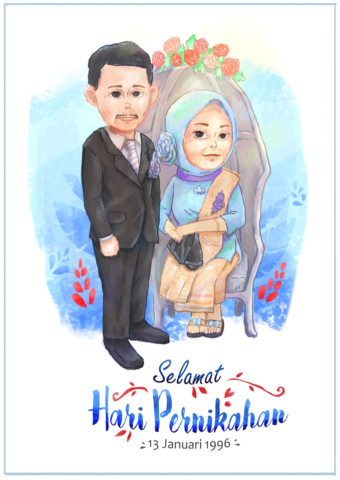 Ilustrasi pernikahan dengan desain karakter kartun lucu untuk pernikahan 13 Januari 1996. Jasa desain ilustrasi, jasa gambar kartun pernikahan, ilustrasi digital.