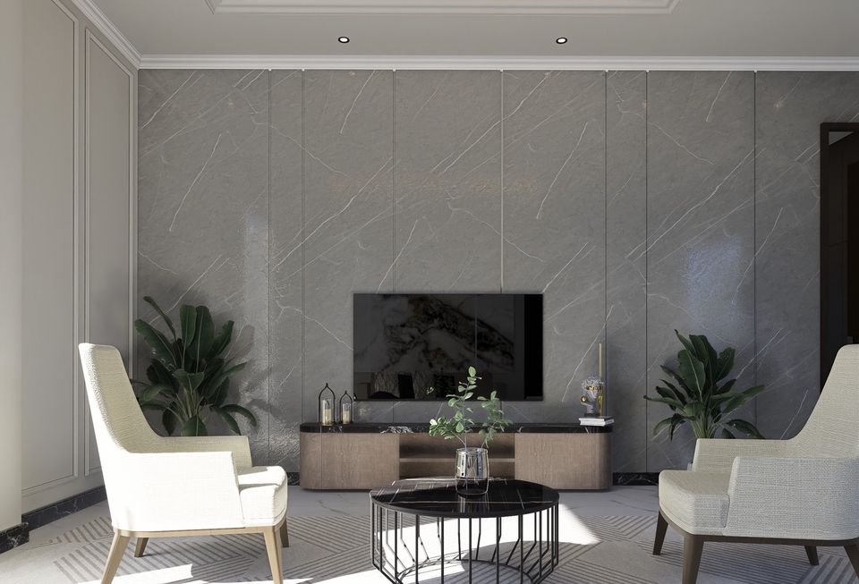 Desain interior ruang tamu minimalis dengan sofa putih, televisi, dan tanaman hijau. Jasa desain interior, desain rumah minimalis, desain interior ruang tamu, desain interior modern, desain interior minimalis sederhana.