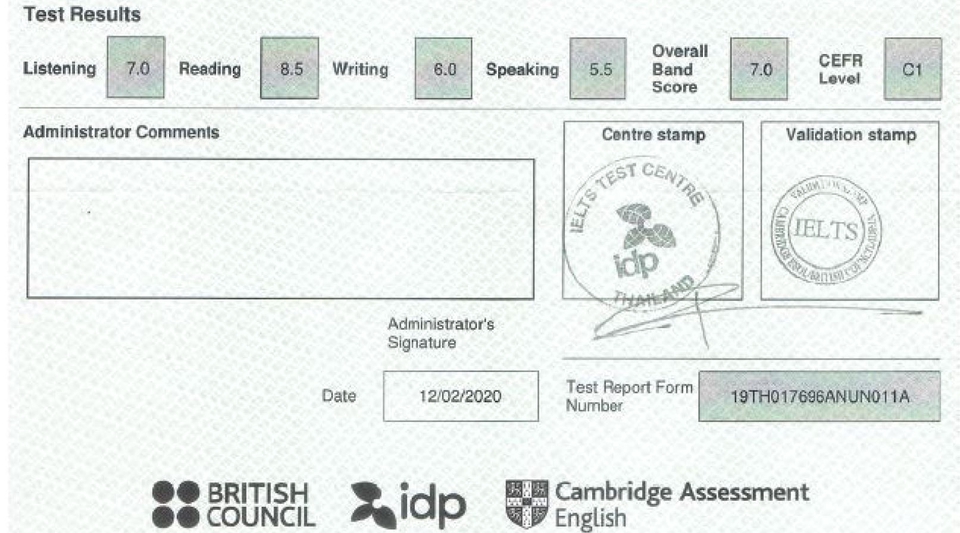 ผลสอบ IELTS คะแนน 7.0 บริการ รับแปลภาษาอังกฤษ แปลเอกสาร แปลภาษาญี่ปุ่น รับแปลเอกสาร รับแปลงานวิจัย