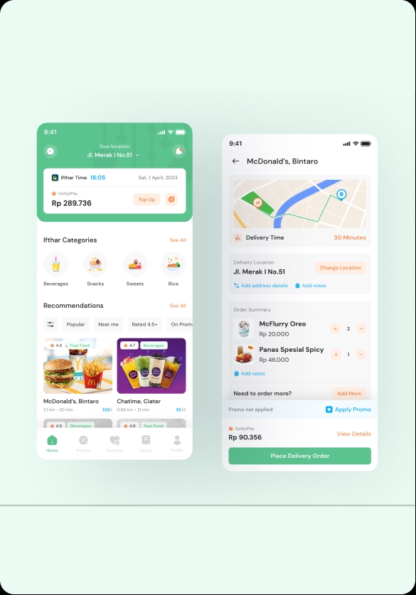 Desain antarmuka pengguna aplikasi pemesanan makanan mobile dengan tampilan mockup aplikasi mobile dan daftar menu.