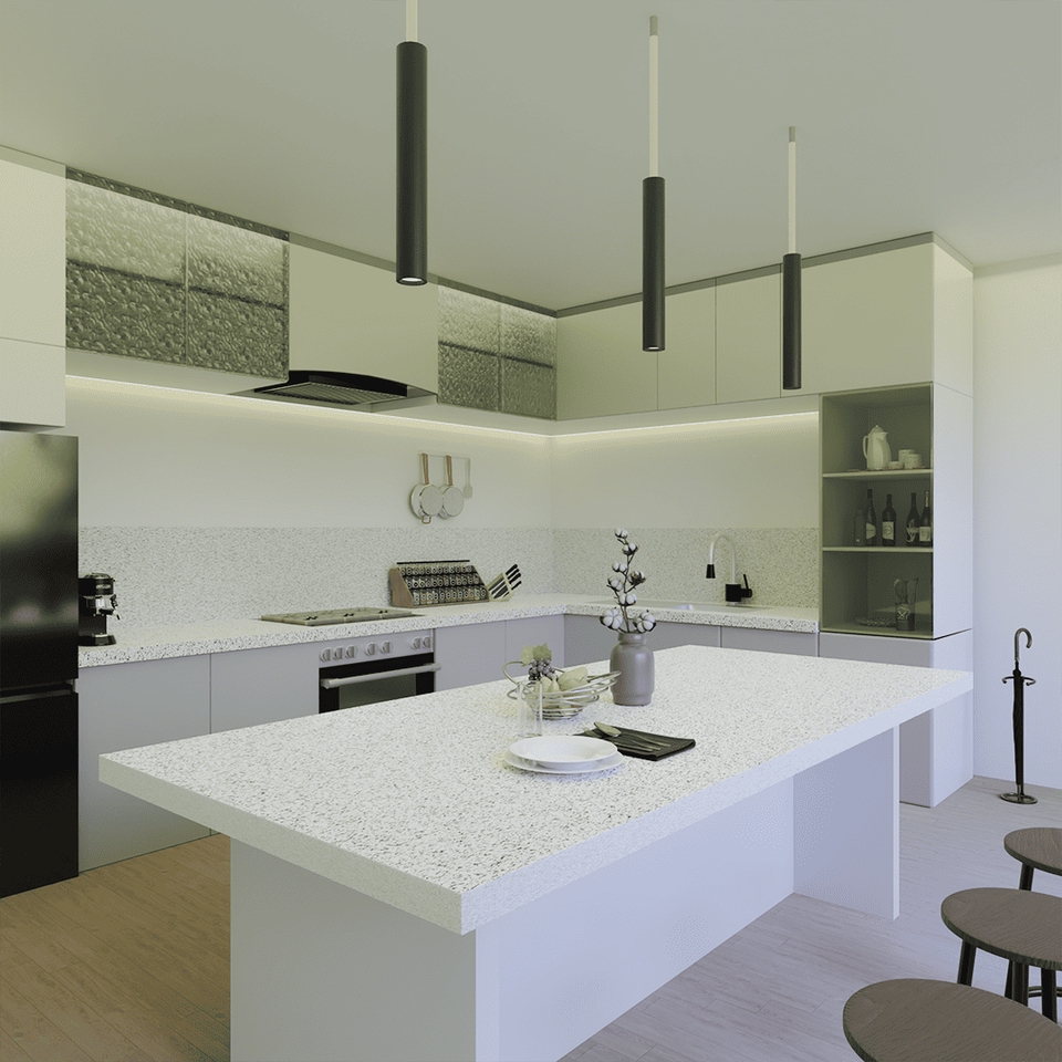 Desain dapur minimalis dengan meja makan putih dan lemari kabinet abu-abu