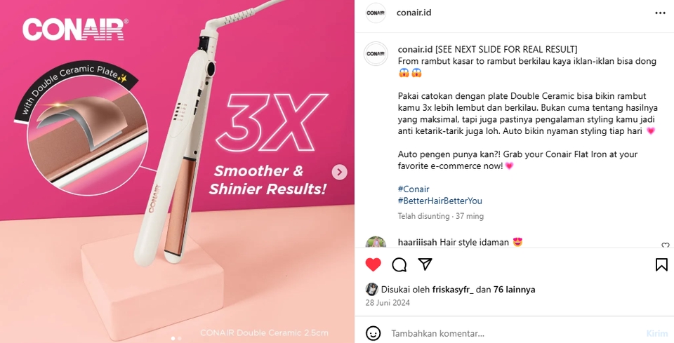 Caption instagram kekinian Conair Catokan Rambut Keramik dengan plat ganda. 3x lebih halus dan lebih cepat, dengan desain elegan untuk rambut lembut dan berkilau. Dapatkan di toko online Conair sekarang.