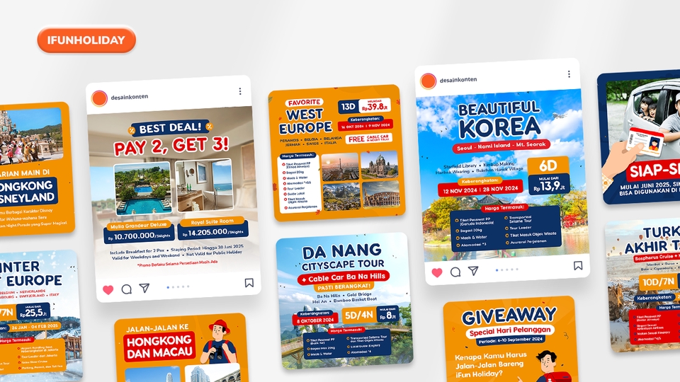 Desain Konten Media Sosial untuk IFunHoliday (Jasa Agen Travel Internasional)
