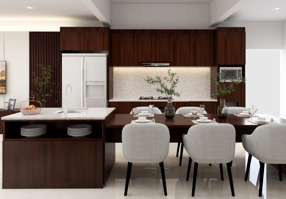Jasa desain interior rumah minimalis modern dengan dapur dan ruang makan yang luas dan nyaman.