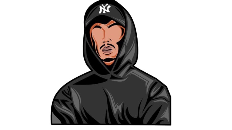 Ilustrasi seorang pria berkulit gelap memakai hoodie hitam dan topi hitam dengan logo putih