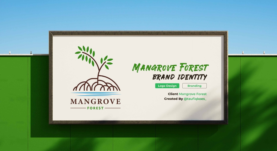 Jasa branding untuk perusahaan Mangrove Forest dengan logo pohon mangrove dan tulisan Mangrove Forest.