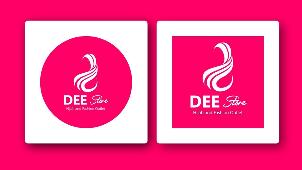 Desain logo "DEE Store" untuk hijab dan fashion outlet, dengan warna merah muda dan logo wanita berhijab.