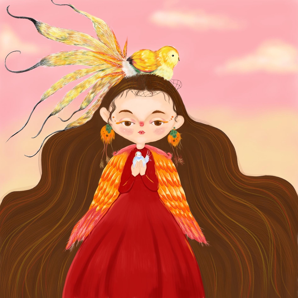 รับวาดภาพประกอบนิทาน เด็กหญิงผมยาว ใส่ชุดแดง ถือ นก ในสไตล์การ์ตูนน่ารัก