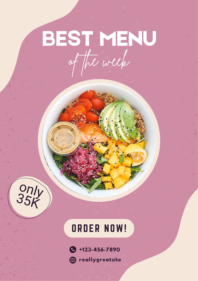 Desain menu makanan terbaik minggu ini dengan salad, mangga, alpukat, dan salmon