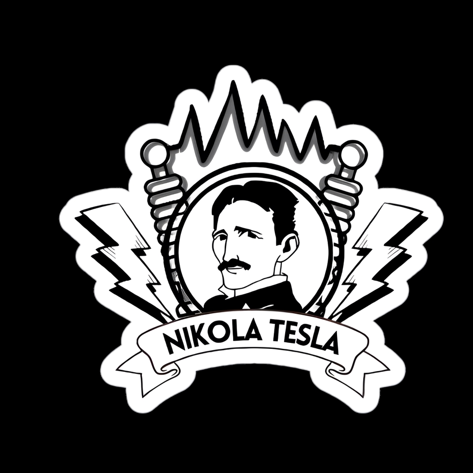 Logo hitam putih Nikola Tesla dengan latar belakang petir dan tulisan Nikola Tesla di bagian bawahnya.