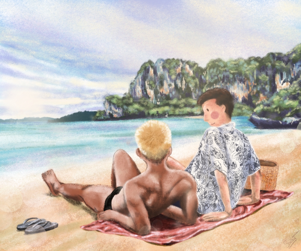 รับวาดรูปการ์ตูนชาย 2 คน นั่งริมทะเล สไตล์การ์ตูนน่ารัก