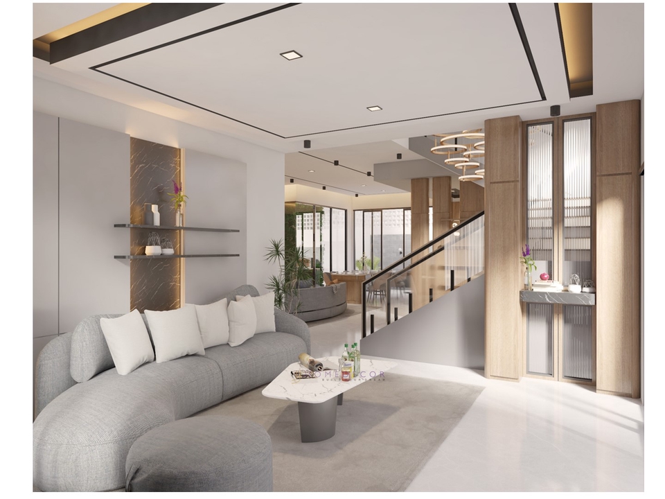 Jasa desain interior rumah modern minimalis dengan interior mewah dan sofa nyaman.