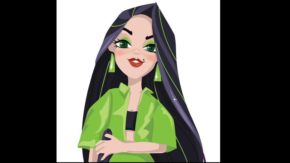 ออกแบบคาแรคเตอร์ สไตล์ญี่ปุ่น ผู้หญิง ผมสีดำ ดวงตาสีเขียว ใส่เสื้อสีเขียว