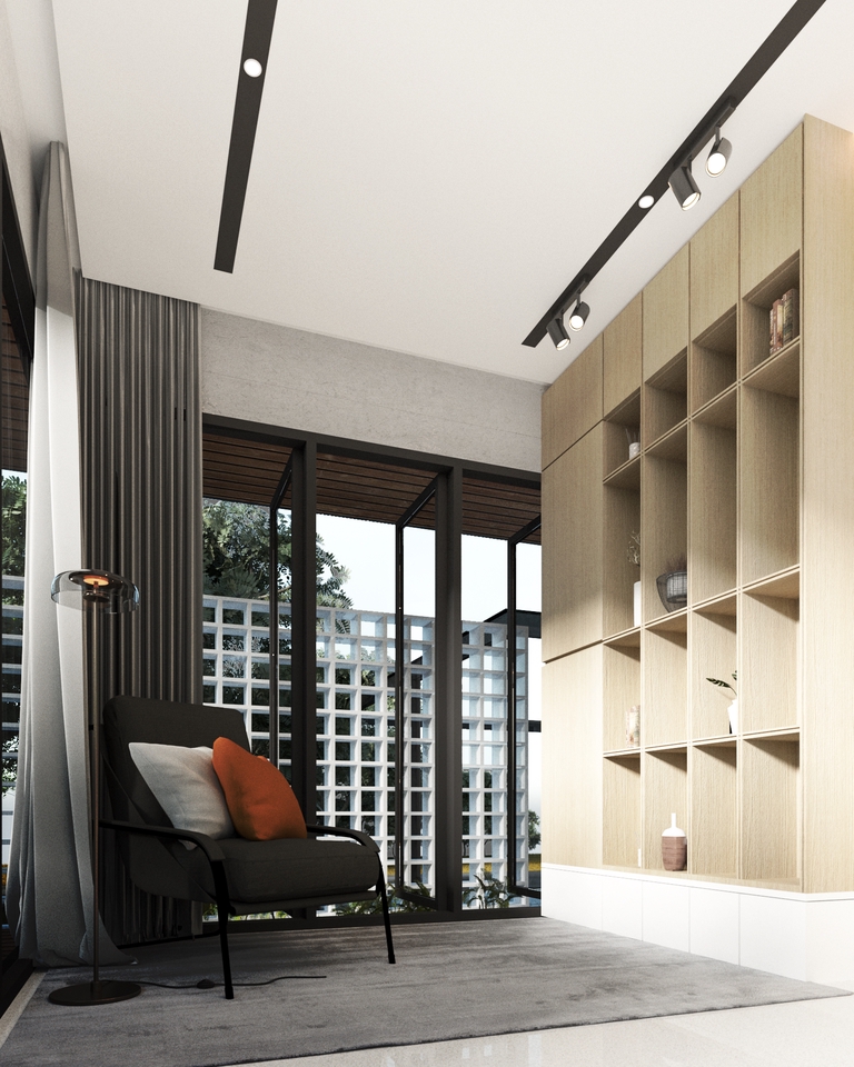 รับออกแบบตกแต่งภายในบ้าน สไตล์โมเดิร์น สวยหรู มีชั้นวางของและเฟอร์นิเจอร์