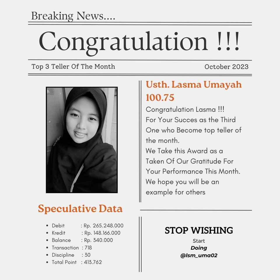 Ust. Lasma Umayah, Telur Terbaik Bulan Ini, Telur Peringkat Ketiga dengan Total Poin 413.762