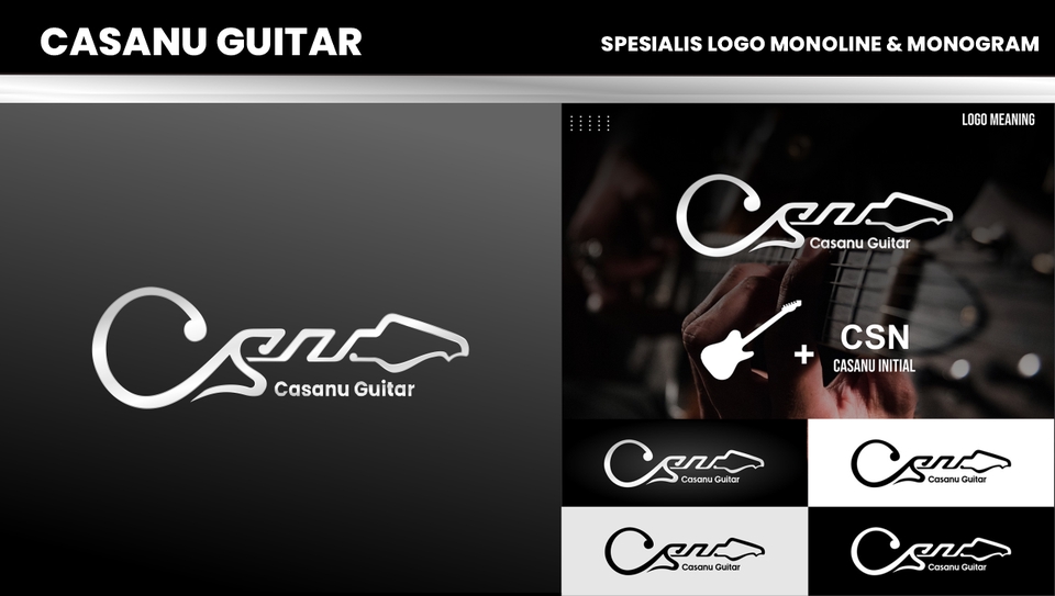 Jasa desain logo online untuk perusahaan Casanu Guitar, desain logo dengan konsep monoline dan monogram