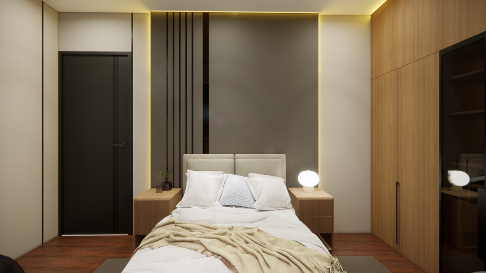 Desain interior kamar tidur minimalis dengan desain yang modern dan elegan, cocok untuk inspirasi desain rumah dan apartemen.