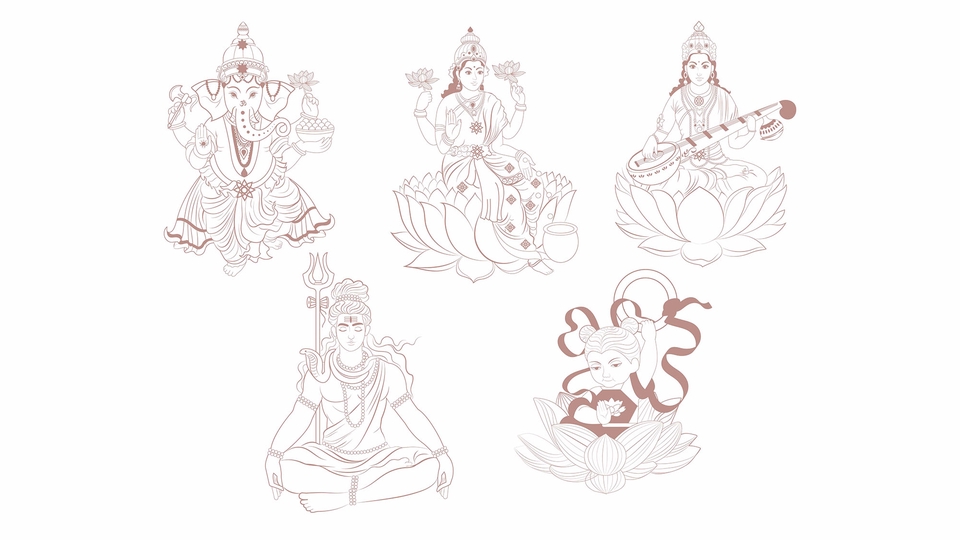 ภาพวาดเวกเตอร์เทพเจ้าฮินดู ศิวะ พระแม่ลักษมี พระกฤษณะ พระพิฆเนศวร วาดภาพเวกเตอร์เทพเจ้า