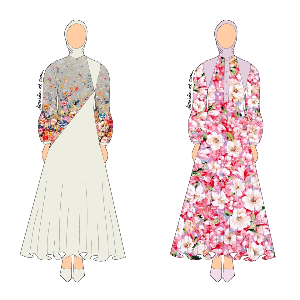 Desain baju muslim wanita dengan motif bunga - jasa desain baju, desain baju wanita, desain baju muslim