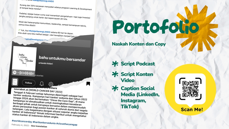 Portofolio Jasa Copywriting dan Penulisan Konten: Tulis artikel, copywriting, skrip podcast, video, dan caption media sosial.  Jasa penulis artikel murah, profesional.