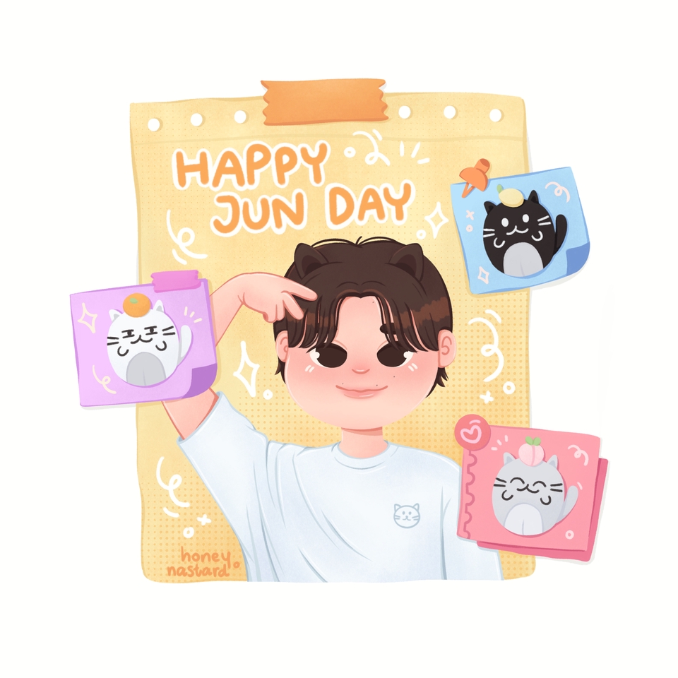 Ilustrasi seorang pria berambut cokelat sedang membuat ilustrasi kucing dan kelinci.