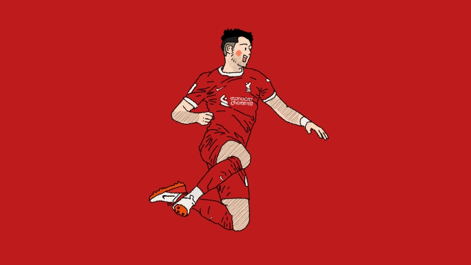 Ilustrasi digital pemain sepak bola memakai jersey merah sedang berlari