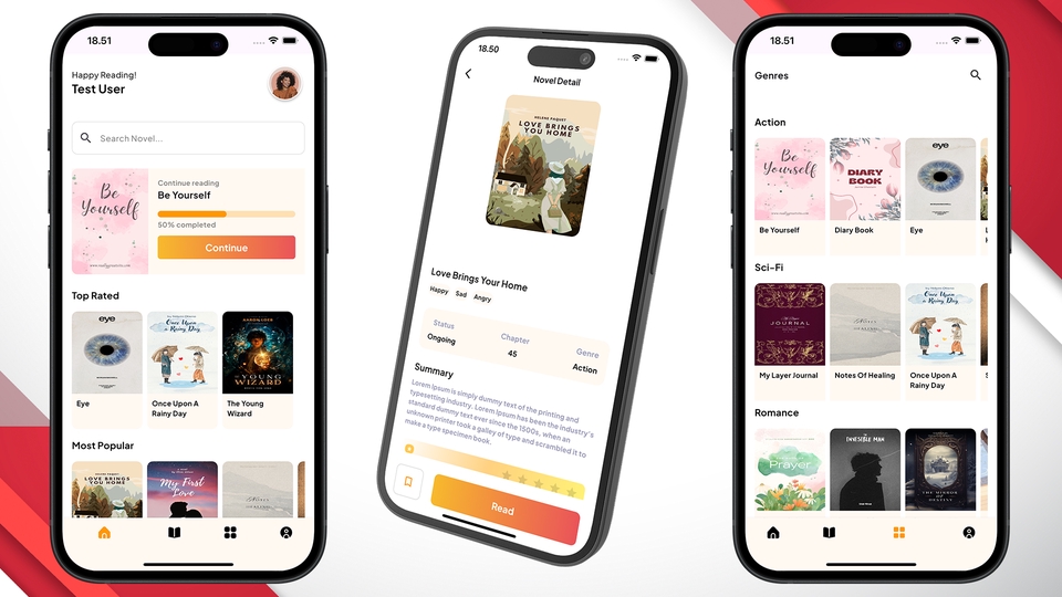 Jasa pembuatan aplikasi mobile android dan iOS, desain UI UX aplikasi baca buku.