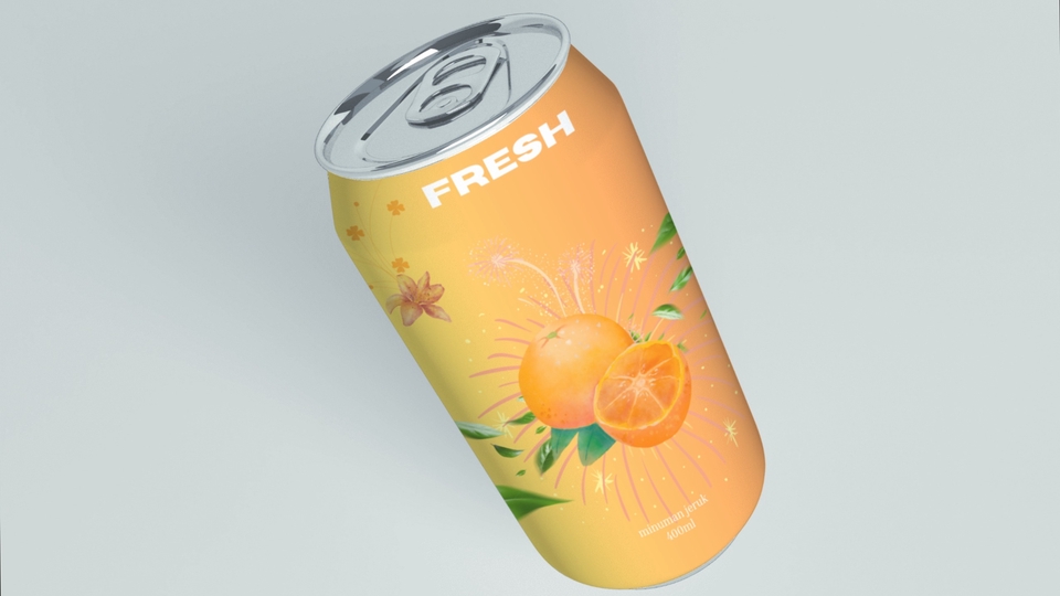 Desain Kemasan Minuman Segar dengan Warna Kuning dan Ilustrasi Jeruk, Desain Label Produk, Jasa Desain Kemasan Minuman, Desain Kemasan Botol, Desain Kemasan Plastik.