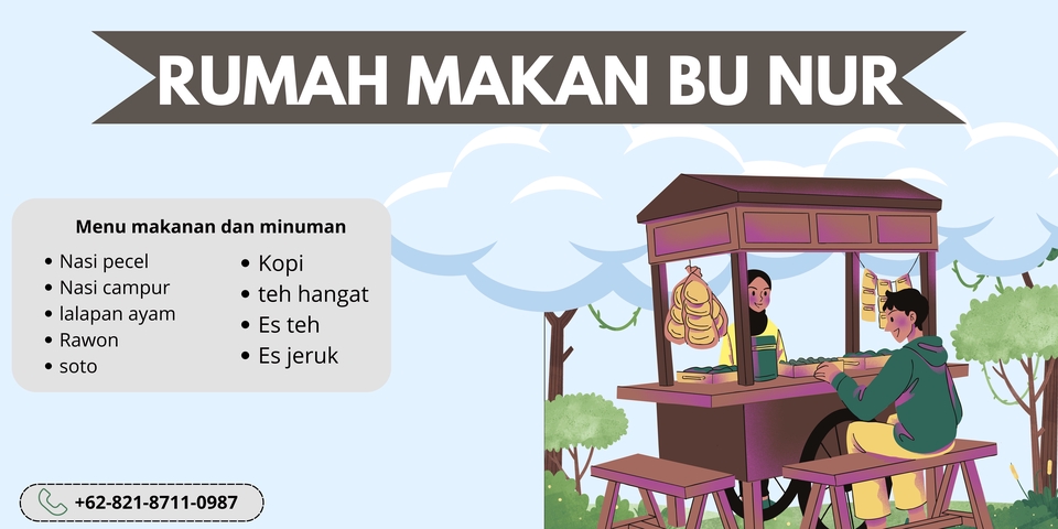 Desain spanduk rumah makan Bu Nur dengan menu makanan dan minuman