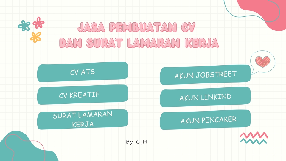 Jasa pembuatan CV dan surat lamaran kerja profesional untuk meningkatkan peluang Anda mendapatkan pekerjaan impian.  Layanan mencakup pembuatan CV ATS, CV kreatif, surat lamaran kerja, akun Jobstreet, akun Linkin, dan akun Pencaker.  Hubungi kami untuk konsultasi karir online dan dapatkan bantuan dalam mengembangkan karir Anda.