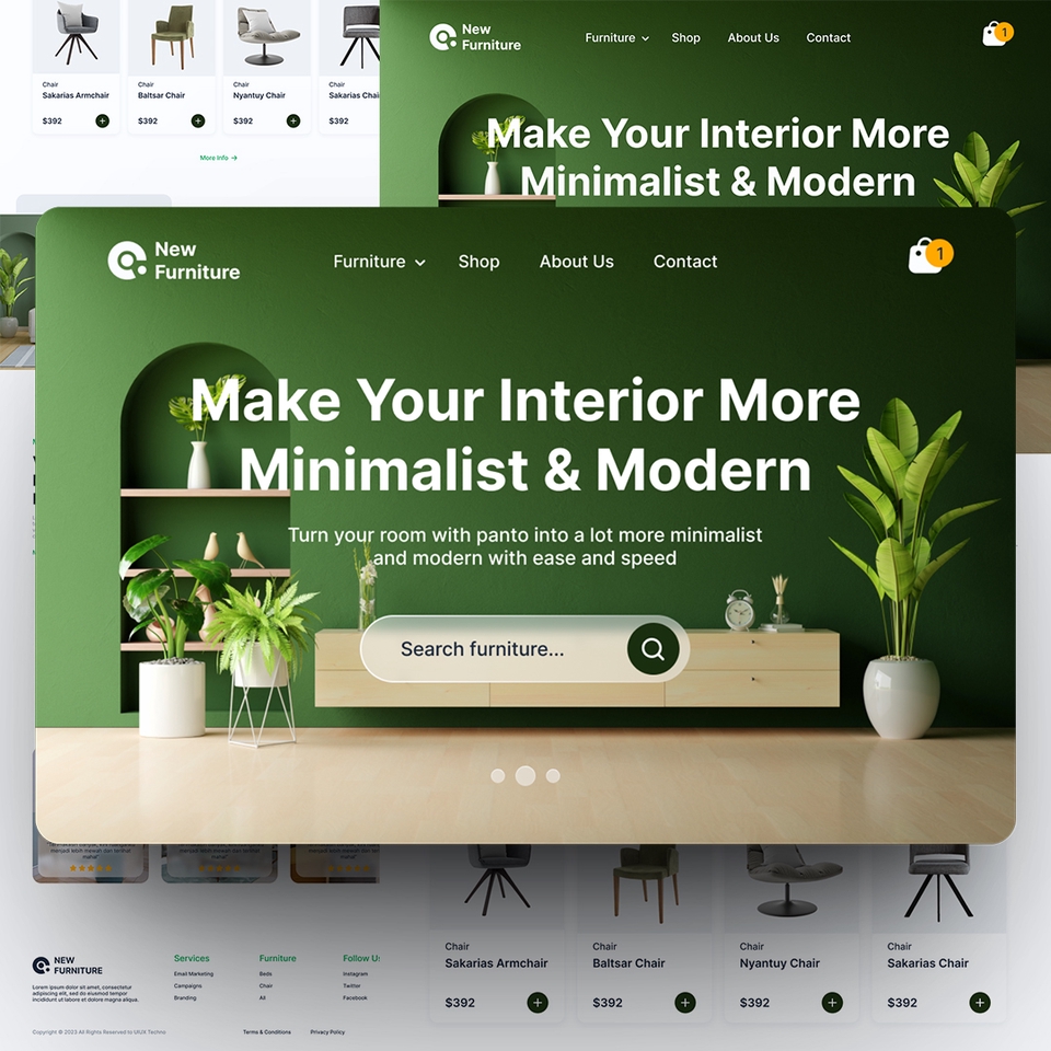 Desain UI UX untuk platform freelancing, dengan ilustrasi interior minimalis dan modern