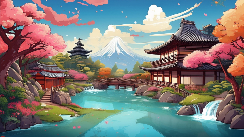 Ilustrasi digital gambar pemandangan alam Jepang dengan gunung Fuji, rumah tradisional, dan sungai. Jasa ilustrasi digital, jasa gambar kartun, desain ilustrasi, gambar ilustrasi, jasa pembuatan vector.